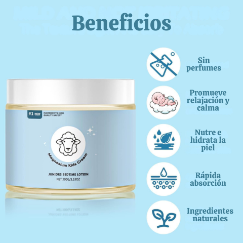Crema de magnesio para bebés y niños - Ayuda a que se duerman más rápido, calma a los niños y los relaja en minutos- ¡Necesitas esta crema ahora en tu hogar!